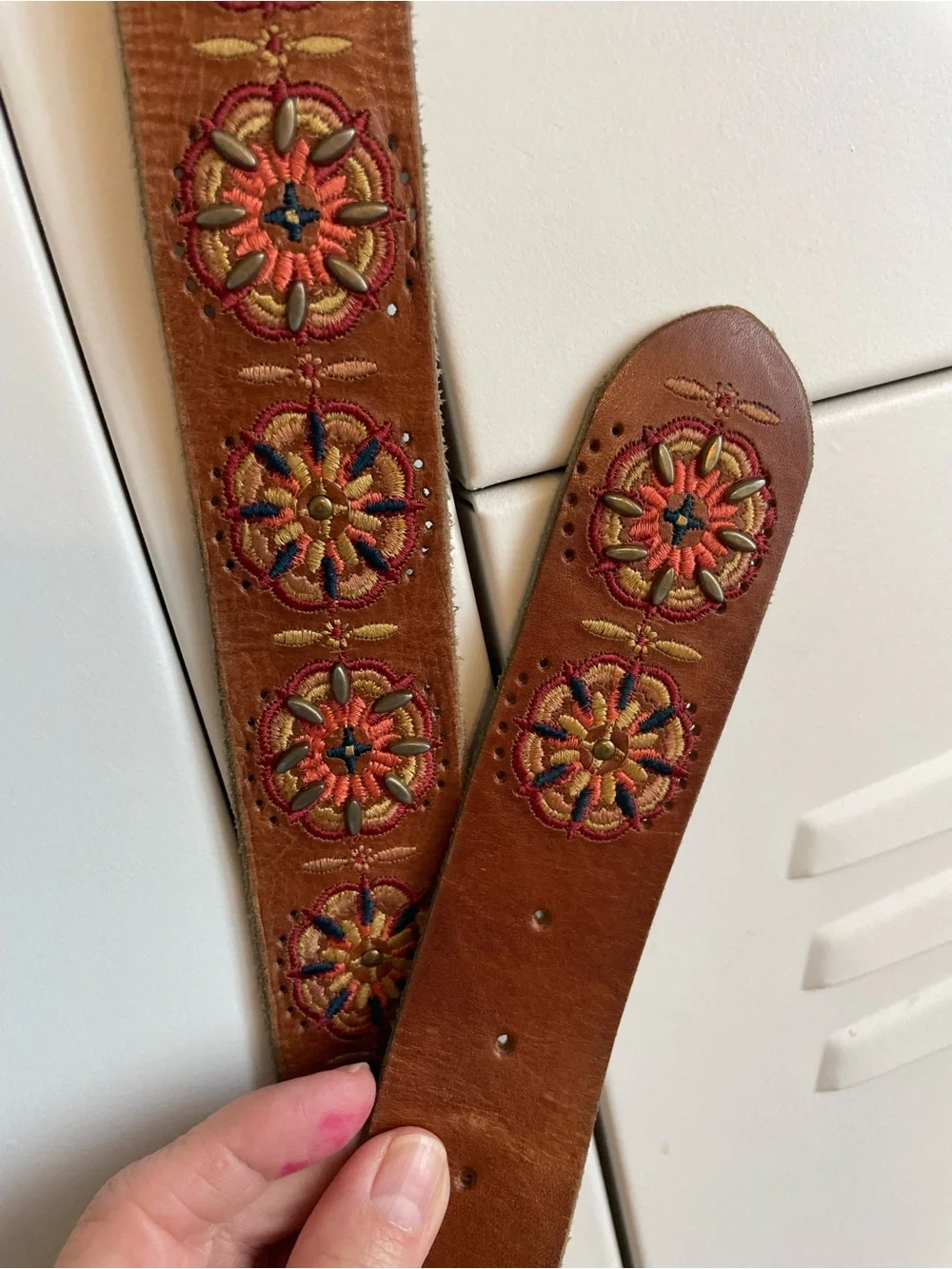 Lucky Brand Leather Embroidered Belt Brass Buckle Size L